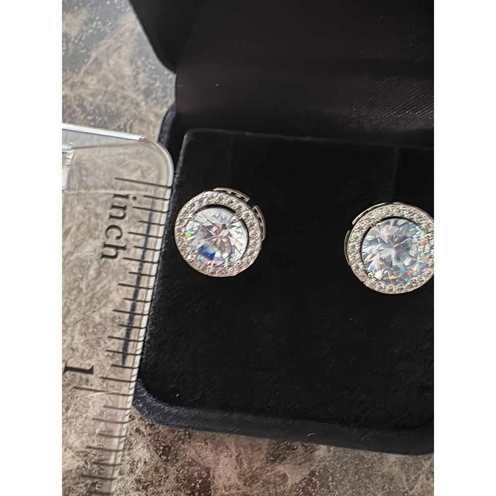 Silver Tone Round Halo Cubic Zirconia Stud Earrings Brilliant Cut Pave Border - Picture 11 of 14